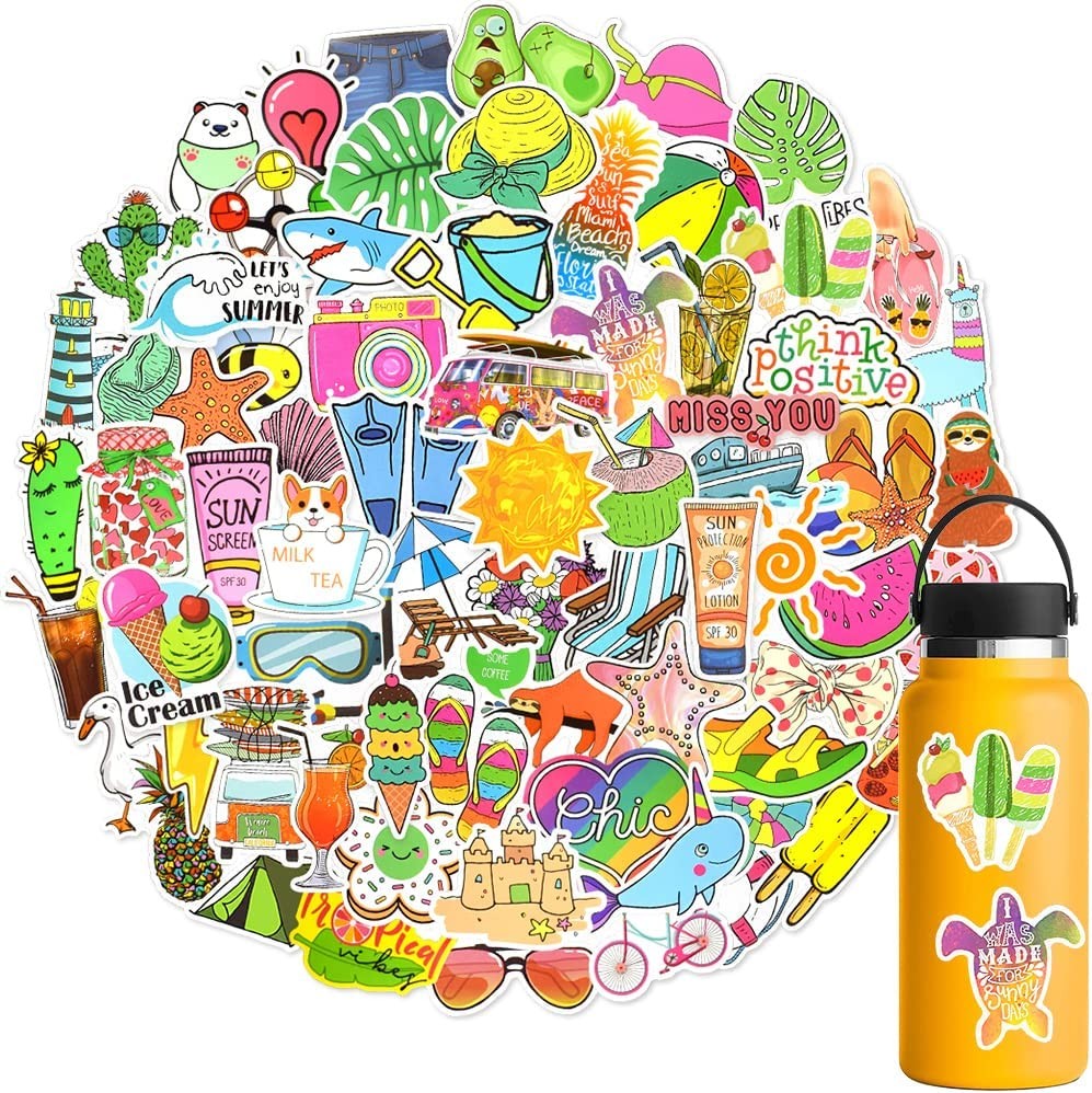 QTL Summer Stickers 100Pcs Cute Summer Stickers for Kids Girls Teens Beach Stickers for Water Bottles Laptop Waterproof Vinyl Stickers Bulk