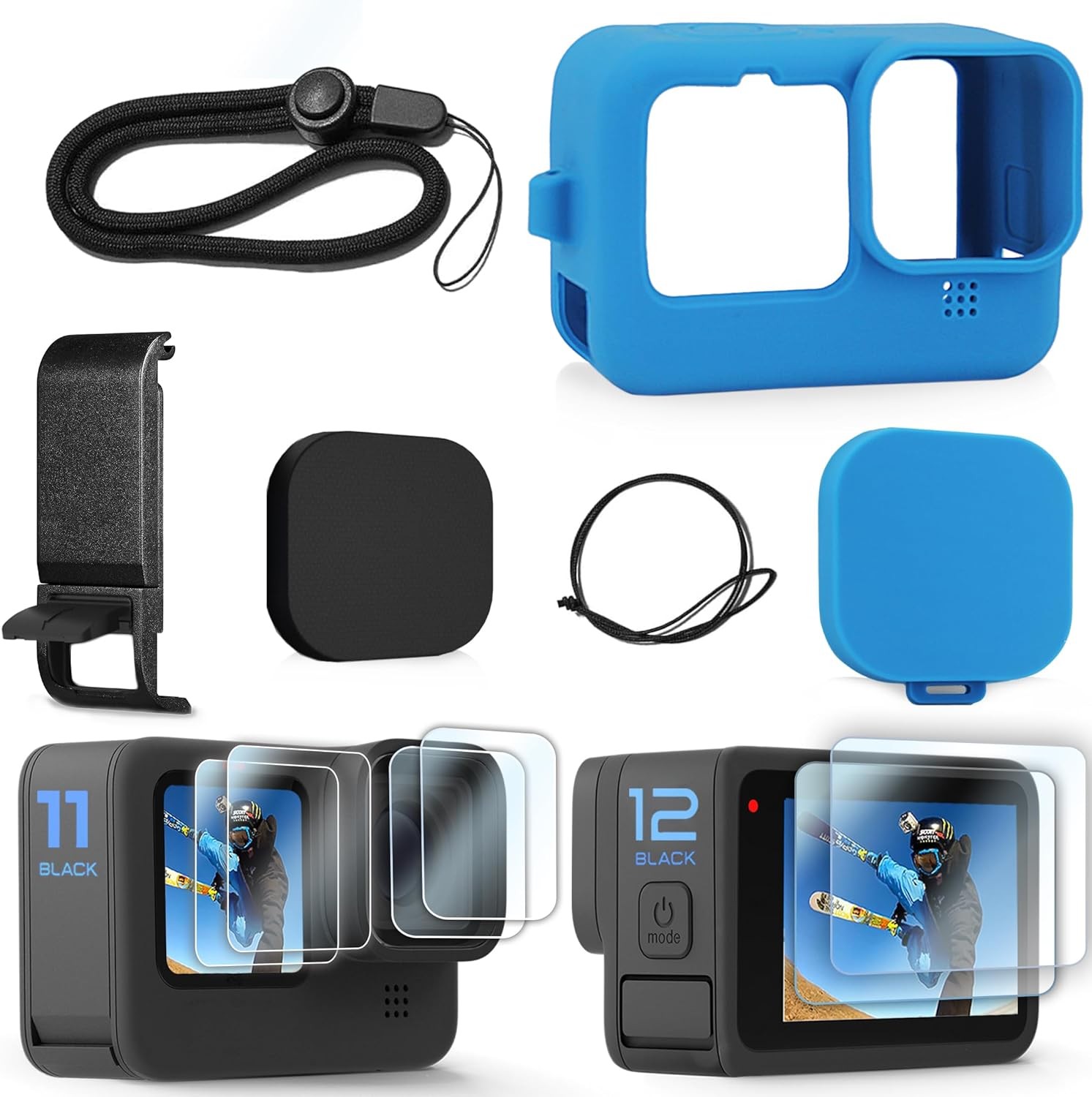 Fitstill Blue Silicone Sleeve Case for Go Pro Hero12 /Hero11 /Hero 10 /Hero 9 Black, Battery Side Cover & Lens Caps & Screen Protectors & Lanyard for Go Pro Hero 12/11 /10/9 Black Accessories Kit