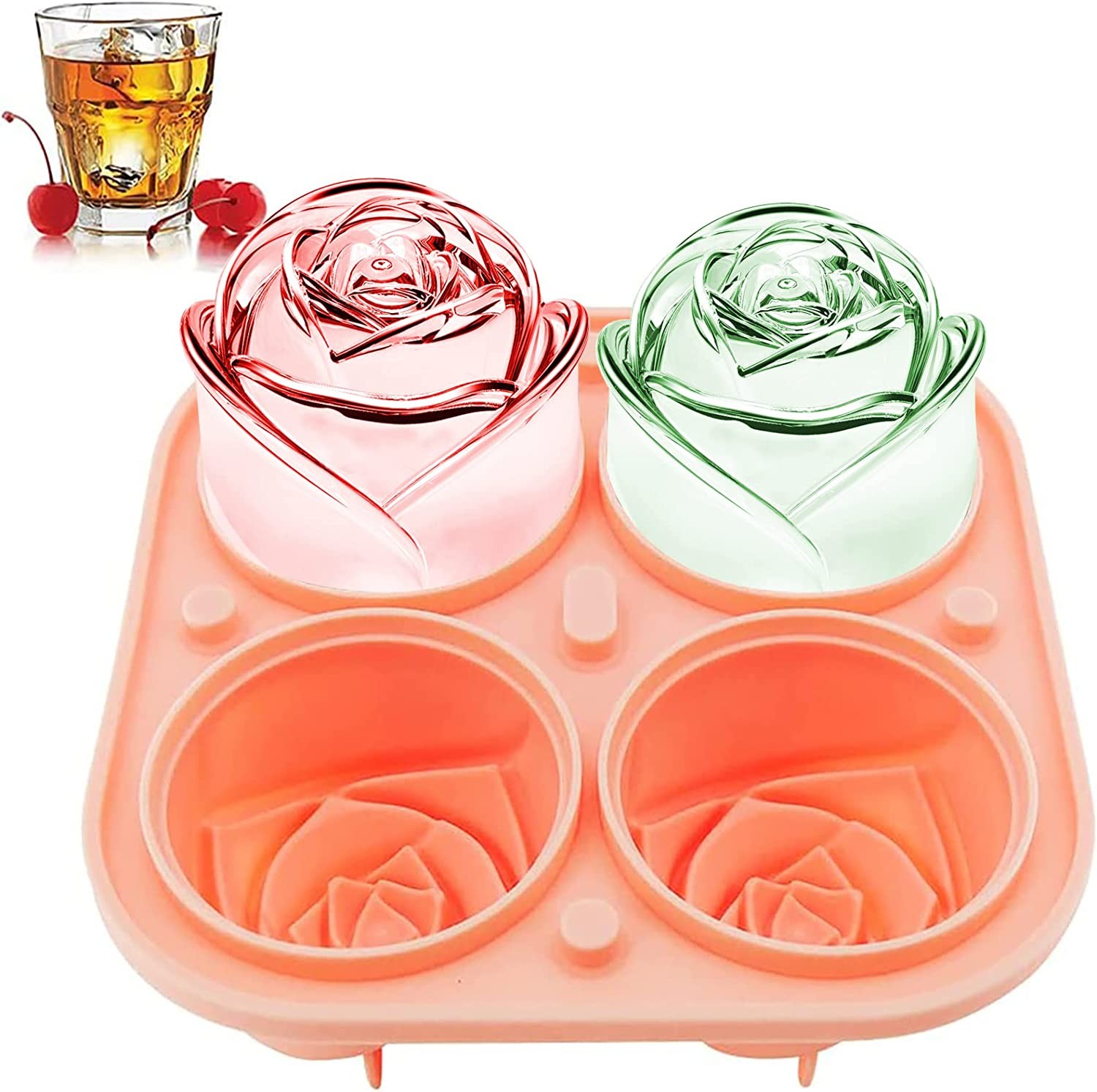 2.4 Inch Large Rose Ice Cube Trays FDA Silicone round Ice Cube Mold BPA Free Ice Trays for Freezer with Lid Ice Ball Maker Mold for Whiskey Cocktails Bourbon Juice(Pink)