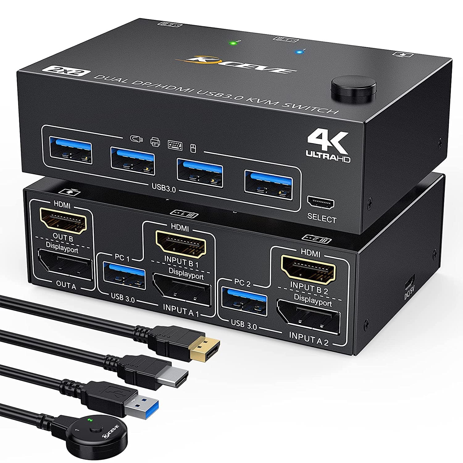 USB 3.0 KVM Switch 2 Monitors 2 Computers, Displayport + HDMI Dual Monitor DP KVM Switcher Supports 4K@60Hz for 2 Computers Share Keyboard, Mouse and 2 Monitor