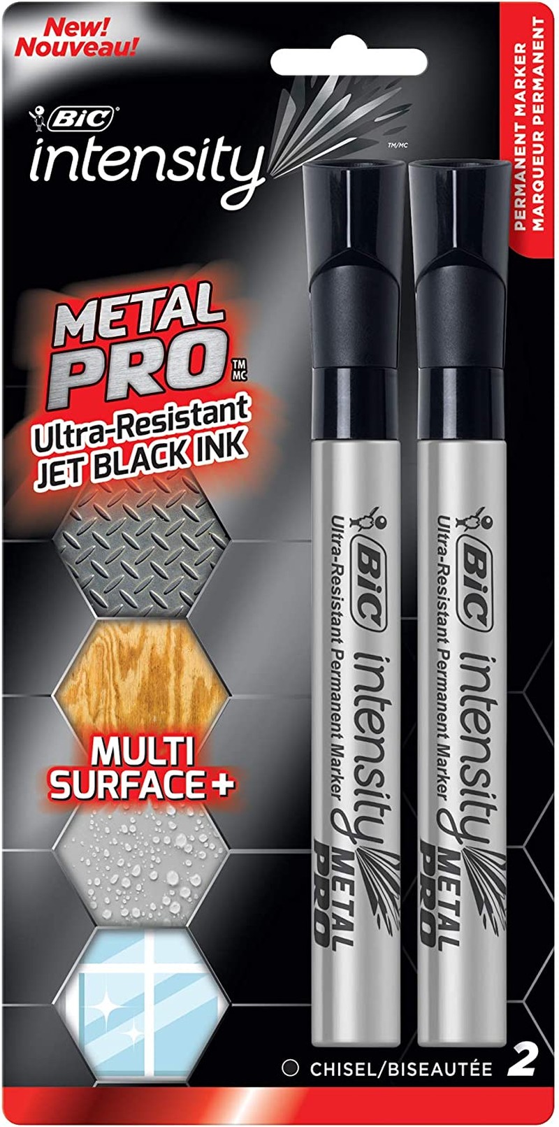 BIC Intensity Permanent Metal Pro Marker – Pack of 2 Markers – Chisel Tip, Fade and Water Resistant, Quick Dry Ink for Any Surface – Black, PMITP21