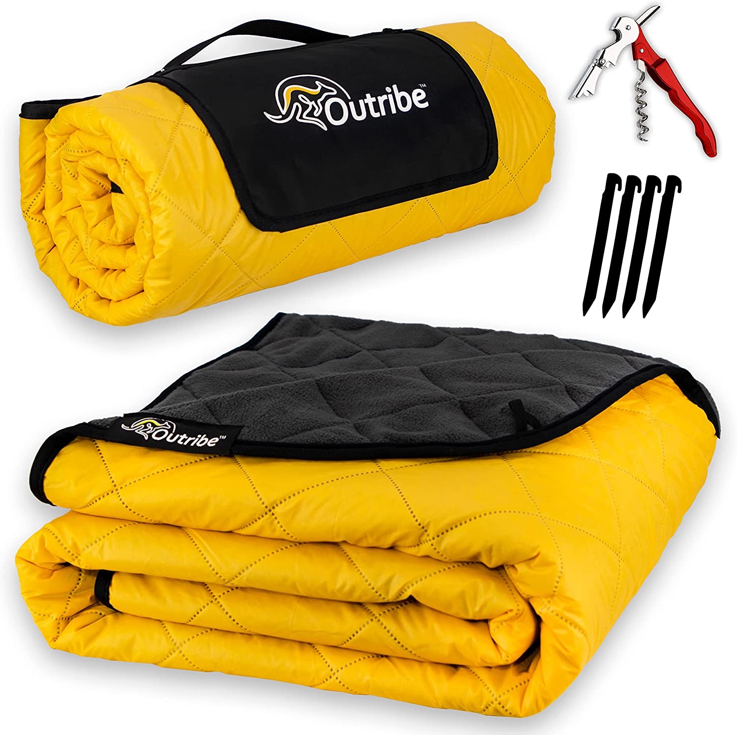 OUTRIBE® Waterproof Picnic Blanket, 140X200Cm, Yellow Taffeta with Grey Polar Fleece – Wearable, Windproof Beach Blanket with Snap Buttons, Carry Strap – Premium Outdoor & Camping Accessories (Yellow)