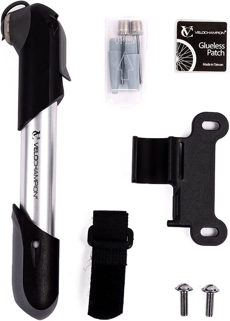 Velochampion Frame Mounted Alloy 7 Mini Bike Pump Fits Presta (SV) Schrader (AV) Dunlop (DV) 100 PSI. Portable, Compact, Durable and Easy to Use