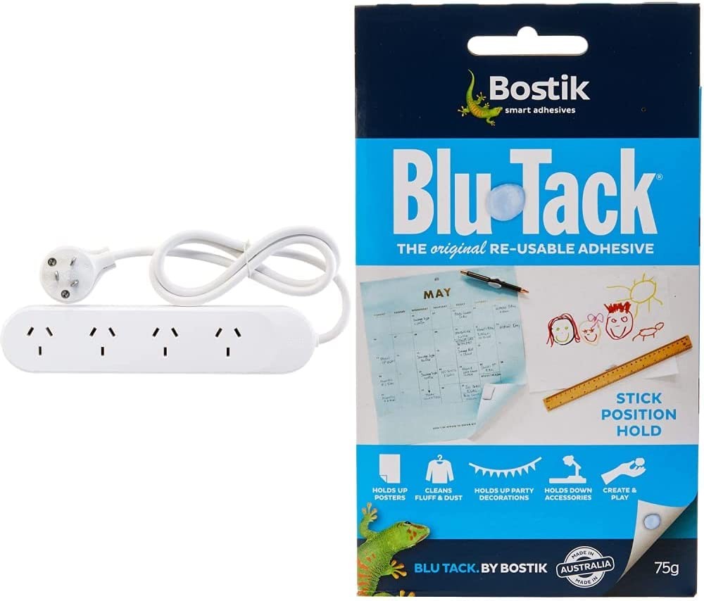 HPM Standard 4 Outlet Powerboard White & Bostik Blu Tack 75 G, 1 Pack, Blue/Gray