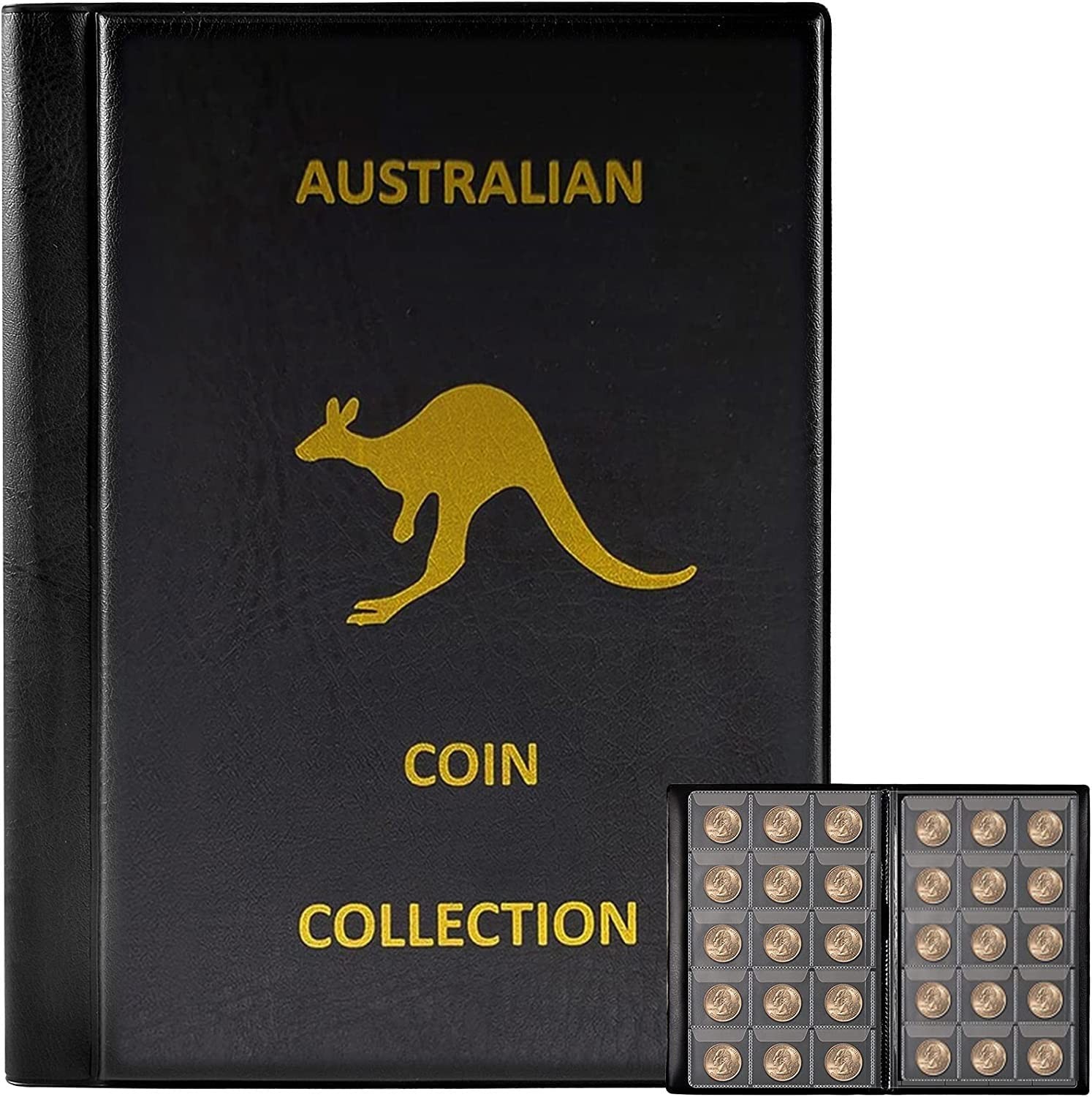 H HOME-MART Australian Coins Collection Album,16 Pages 240 Pockets 4.5 X 4.5Cm(1.77 X 1.77 Inch) Collecting Case Organizer Box for Coin Collections Supplies, Money Currency, Pennies,Black