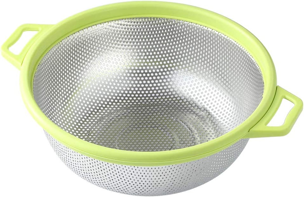 Hiramware Stainless Steel Colander with Handle and Legs, Large Metal Green Strainer for Pasta, Spaghetti, Berry, Veggies, Fruits, Noodles, Salads, 5-Quart 10.5” Kitchen Mesh Colander, Dishwasher Safe