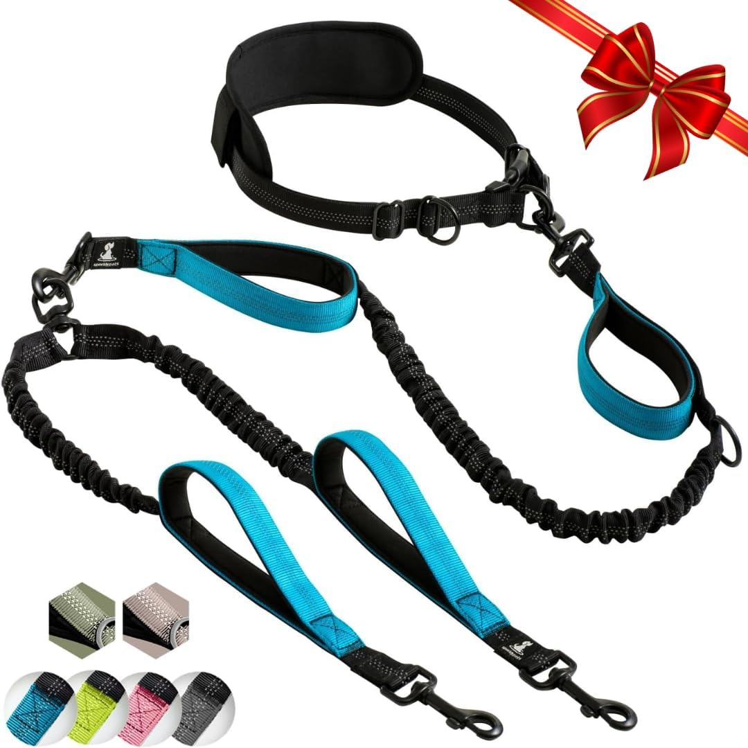 Sparklypets Hands Free Double Dog Leash – Dual Dog Leash for Medium and Large Dogs – Dog Leash for 2 Dogs with Padded Handles, Reflective Stitches, No Pull, Tangle Free Blue