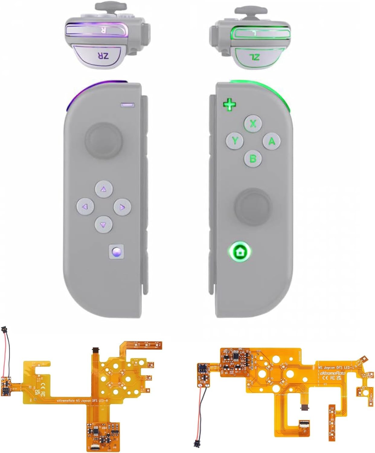 Extremerate 7 Colors 9 Modes NS Joycon DFS LED Kit, Multi-Colors Luminated White Classical Symbols ABXY Trigger Face Buttons for Nintendo Switch & Switch OLED Model Joy-Con – Joycon NOT Included