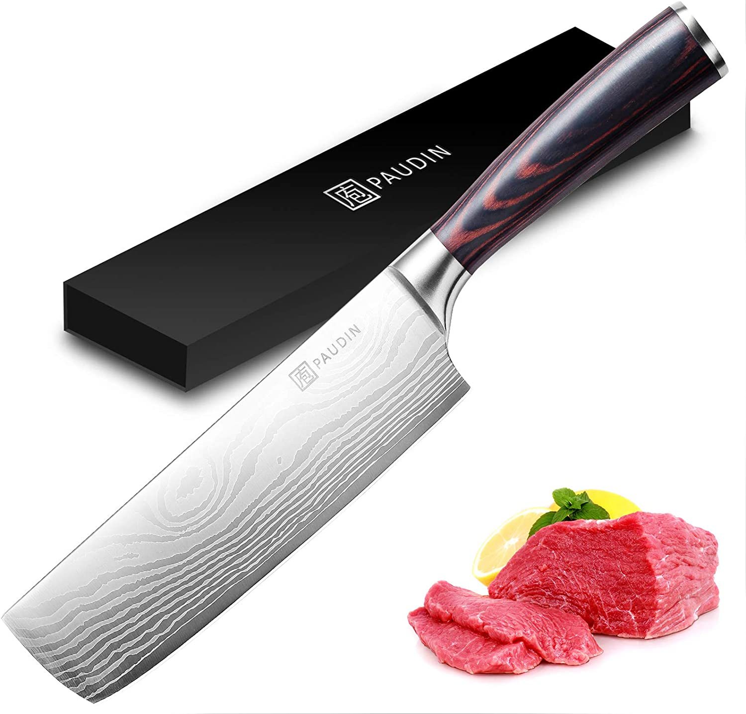 PAUDIN Nakiri Knife – 7″ Razor Sharp Meat Cleaver and Vegetable Kitchen Knife, High Carbon Stainless Steel, Multipurpose Asian Chef Knife for Home and Kitchen with Ergonomic Handle