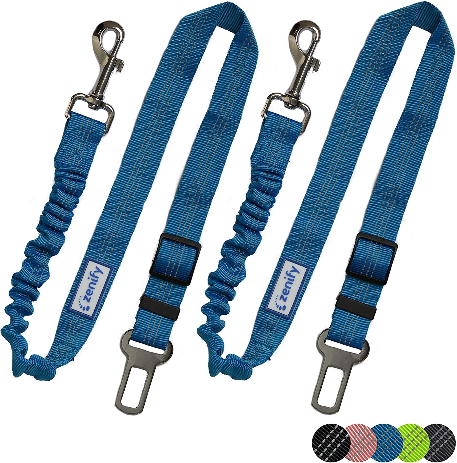 Zenify Dog Car Seat Belt Extendable Lead (2 Pack) – Bungee Leash for Dogs Puppies – Pet Adjustable Elastic Seatbelt Harness Vehicle Safety Birthday Road Trip Gift Idea (Blue)