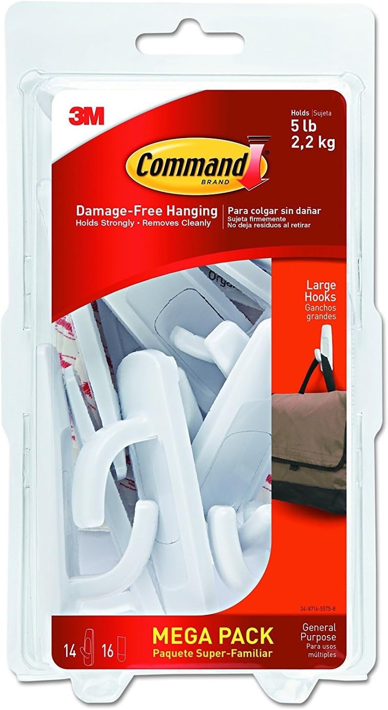 Command Large Utility Hook Mega Pack, White, 14-Hooks, 16-Strips (17003-MPES)