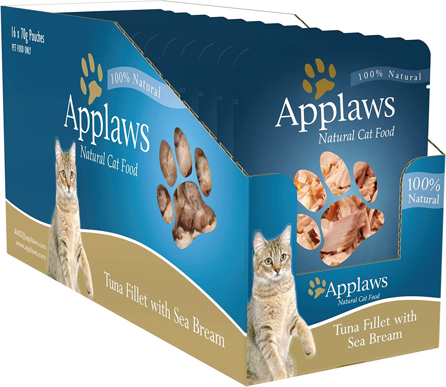 Applaws Tuna Fillet with Sea Bream Natural Wet Cat Food in Broth – 70 G Pouches, Complementary Food for Adult Cats, Pack of 16