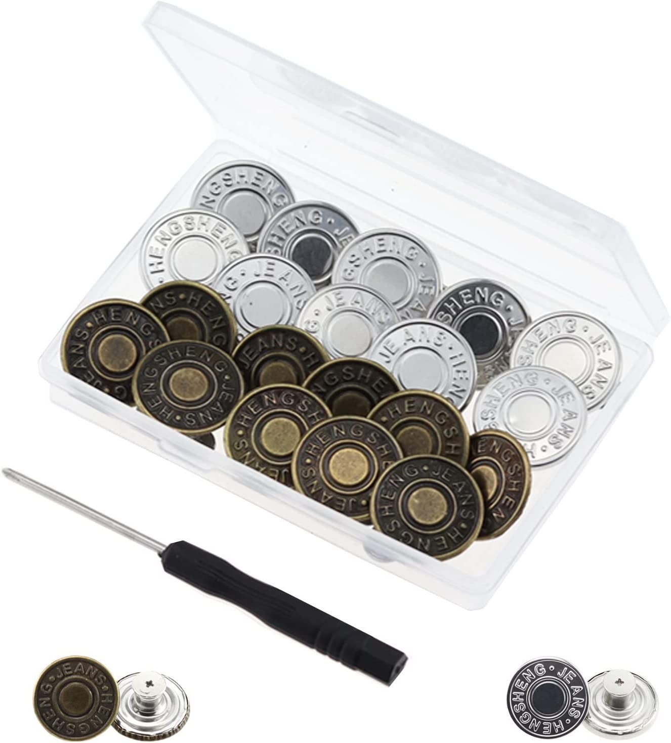 Ginojex 20 Sets Metal Buttons 20Mm Jeans Button Replacement Kit No-Sew Detachable with Thread Rivets Screwdrivers Storage Box (Bronze, Silver)