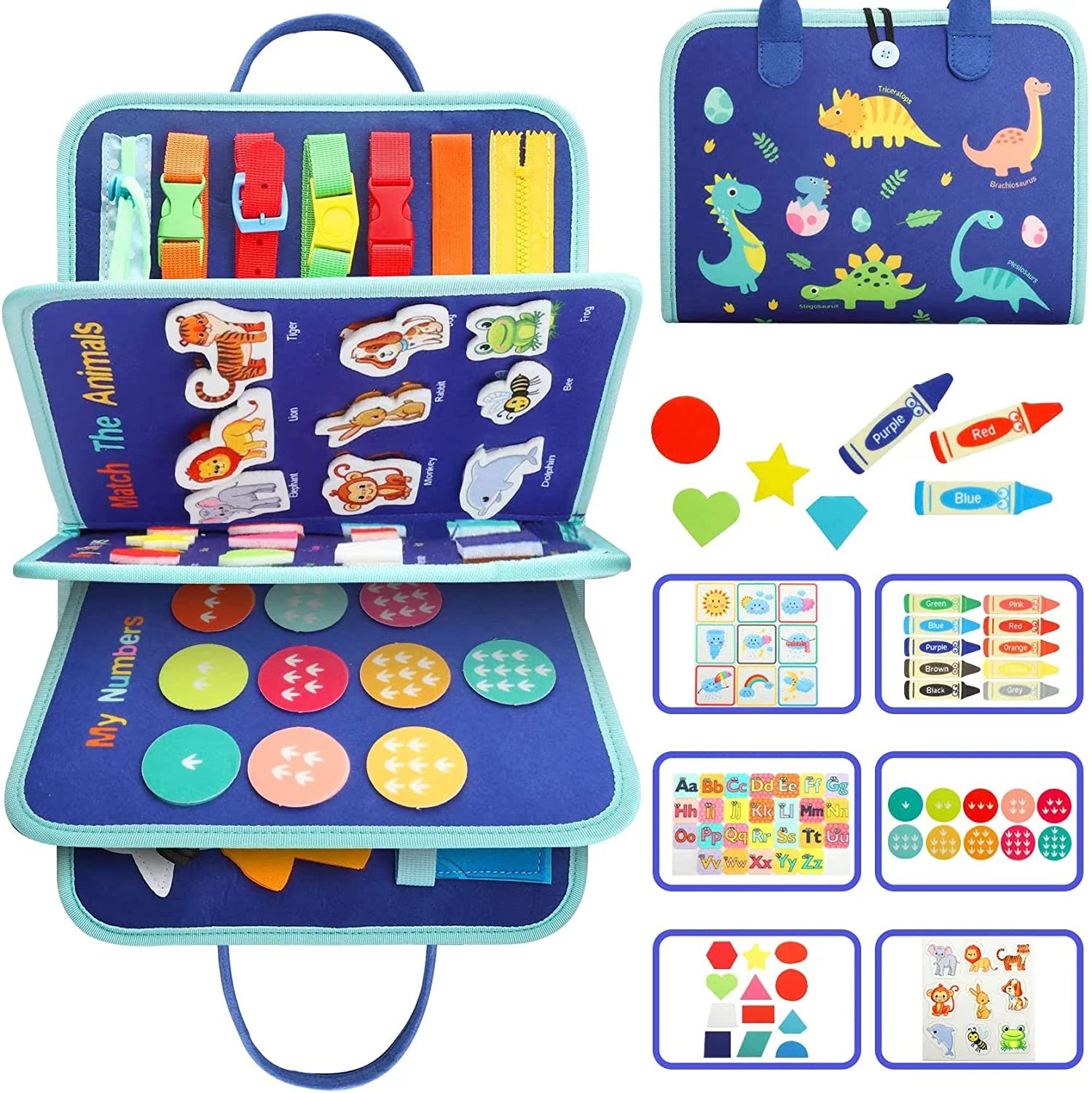 Kakeyrun Busy Board for Toddlers, Sensory Activity Board for Preschool Learning Toys, Quiet Book Educational Toys for Toddler, with Zipper Removable 5 Page Travel Toys for Boy and Girl