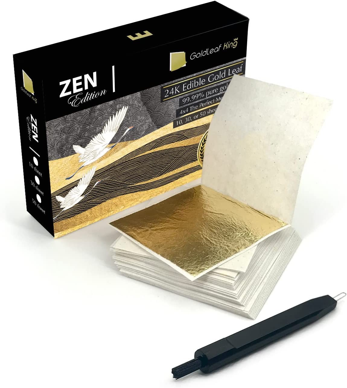 24K 99.99% Pure Gold Edible Gold Leaf Sheet Goldleafking Zen Edition 10, 30, 50 Sheets Pack X 1.6 Inches | 4X4Cm the Perfect Medium Size (Zen Edition – 10 Sheet)