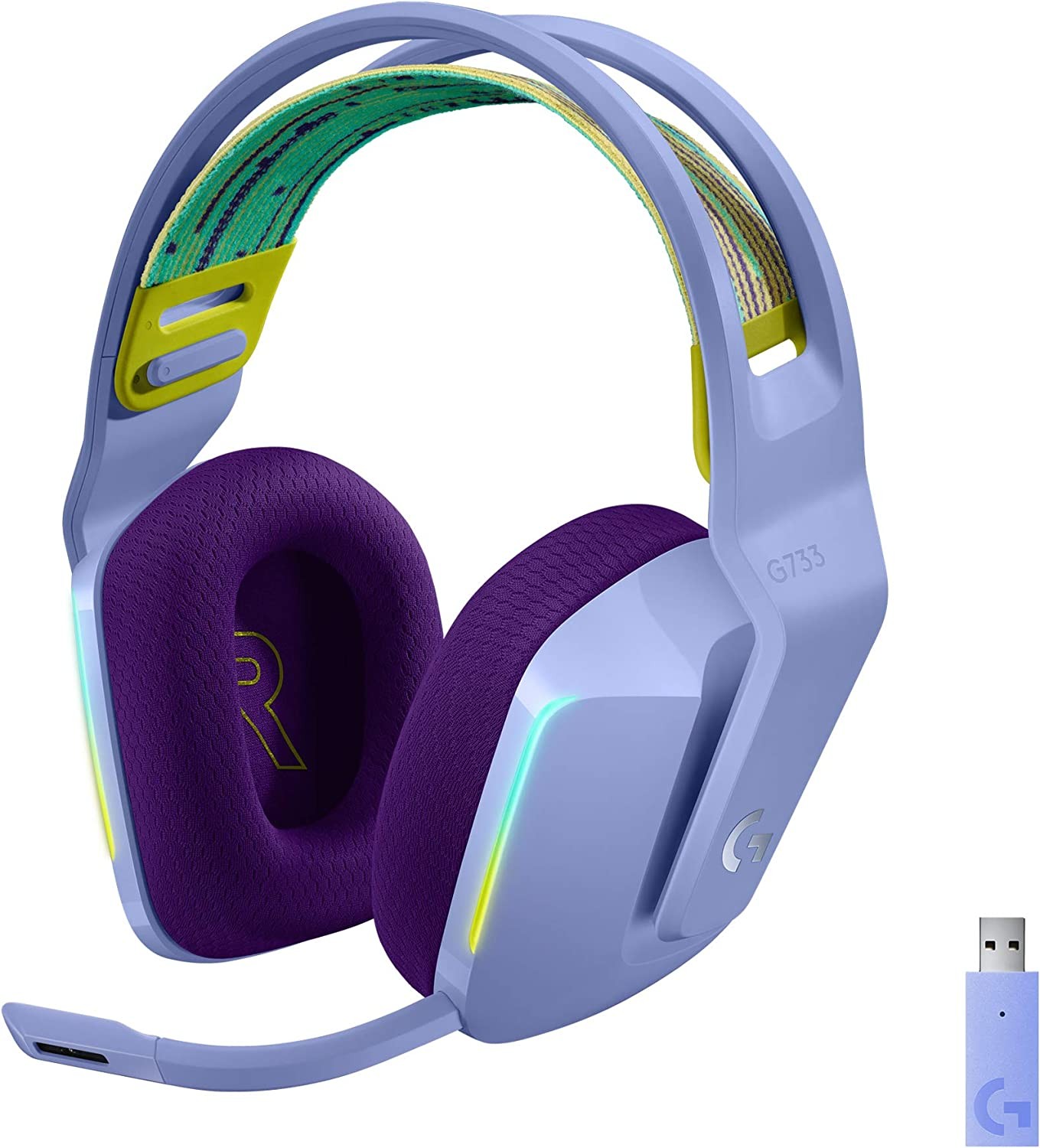 Logitech G733 Lightspeed Wireless Gaming Headset with Suspension Headband, LIGHTSYNC RGB, Blue VO!CE Mic Technology and PRO-G Audio Drivers – Lilac