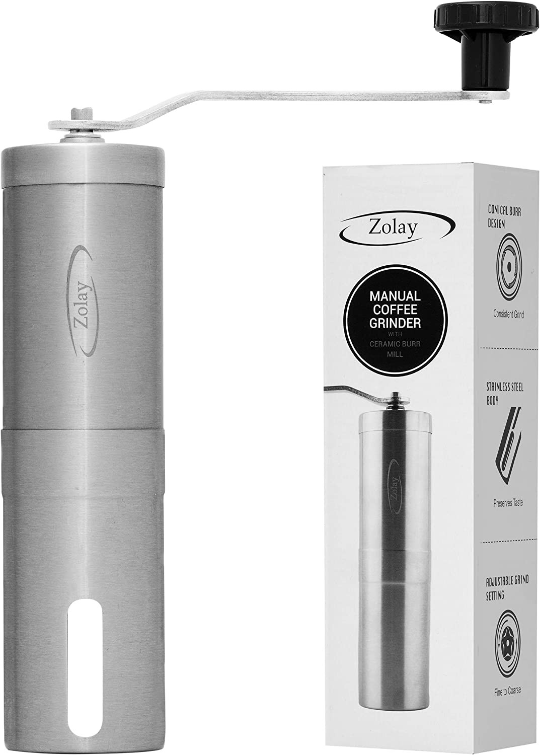 Zolay® Manual Coffee Grinder with Adjustable Settings, Brushed Stainless Steel, Conical Burr Mill for Aeropress Drip Coffee Espresso French Press (Stainless Steel, Silver)