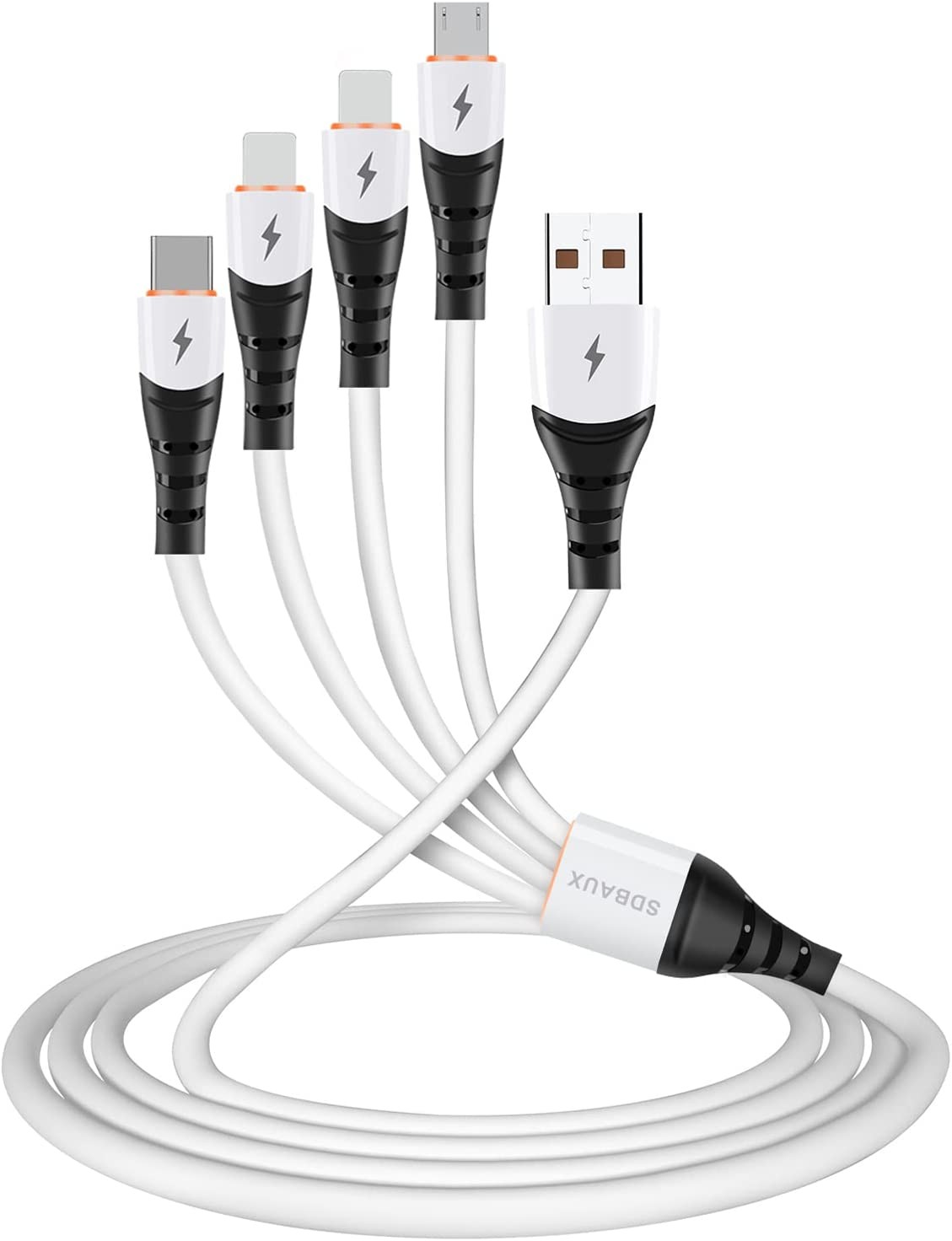 SDBAUX Multi Charging Cable 4 in 1 Multiple USB 3A Fast Charging Cord Adapter Dual IP Type C Micro USB Port Connectors Compatible Cell Phones Tablets and More[4.4Ft/Ivory]