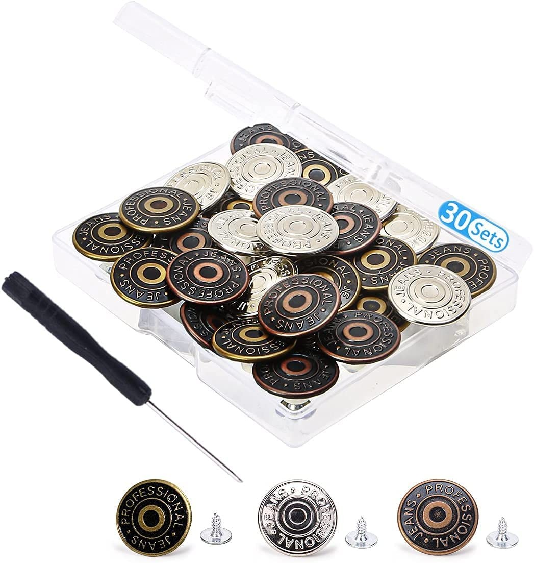 30 Sets Jeans Replacement Buttons 20Mm Jean Buttons Replacement Kit with Rivets and Metal Base in Storage Box(Bronze,Silver,Copper)