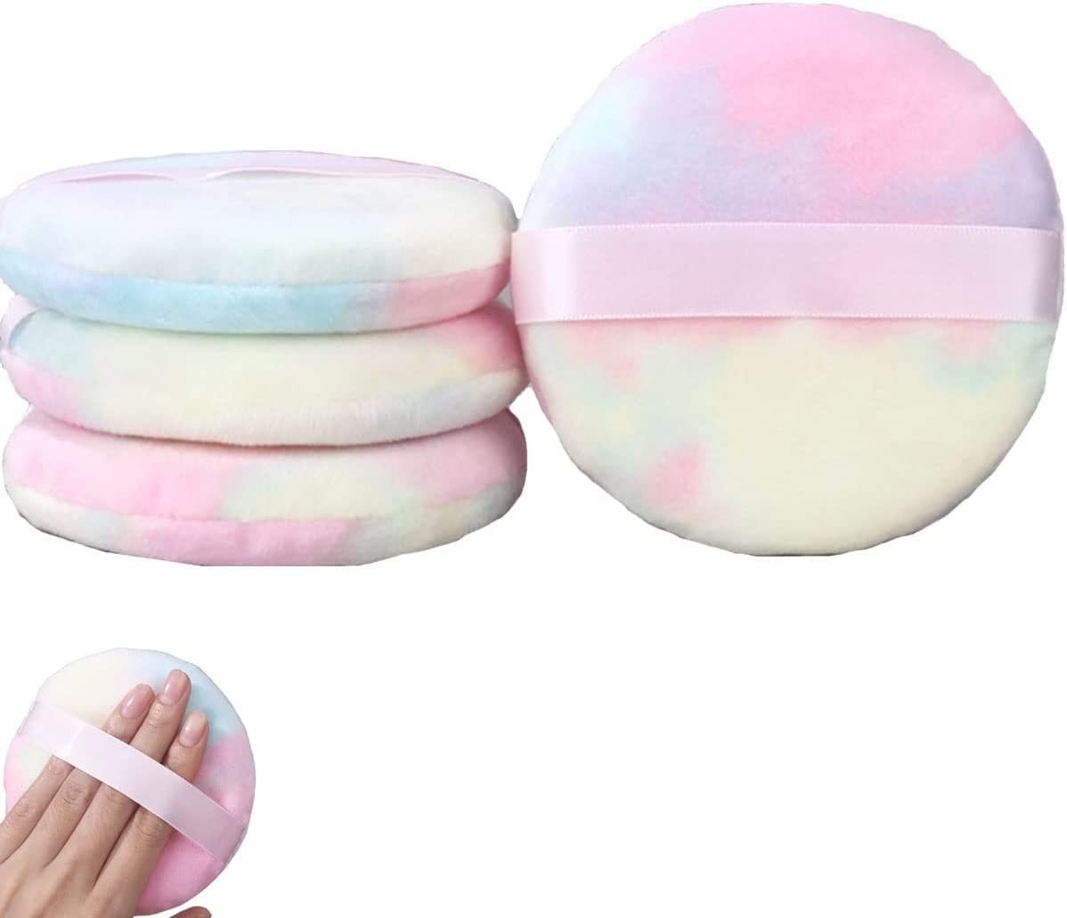 3Pieces Large Powder Puff, 10Cm/4Inch Velour Body Powder Puff Washable round Fluffy Baby Powder Puffs Ultra Soft Triangle Makeup Puff for Loose Powder Face Powder (Colorful)