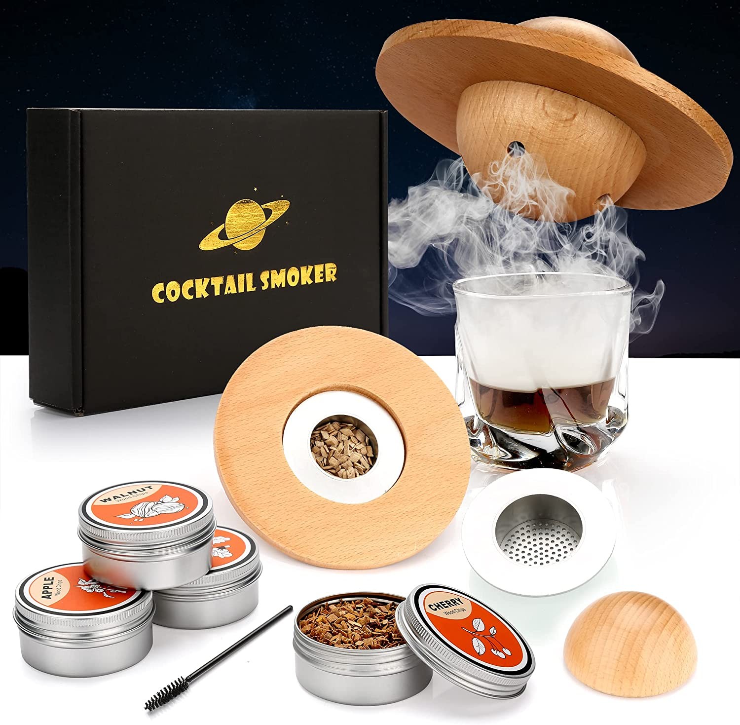 Cocktail Smoker Kit with 4 Wood Chips, Old Fashioned Whiskey Smoker Drinks Kit, Whisky Smoker for Cocktails, Wine, Whiskey, Bourbon, Husband, Dad