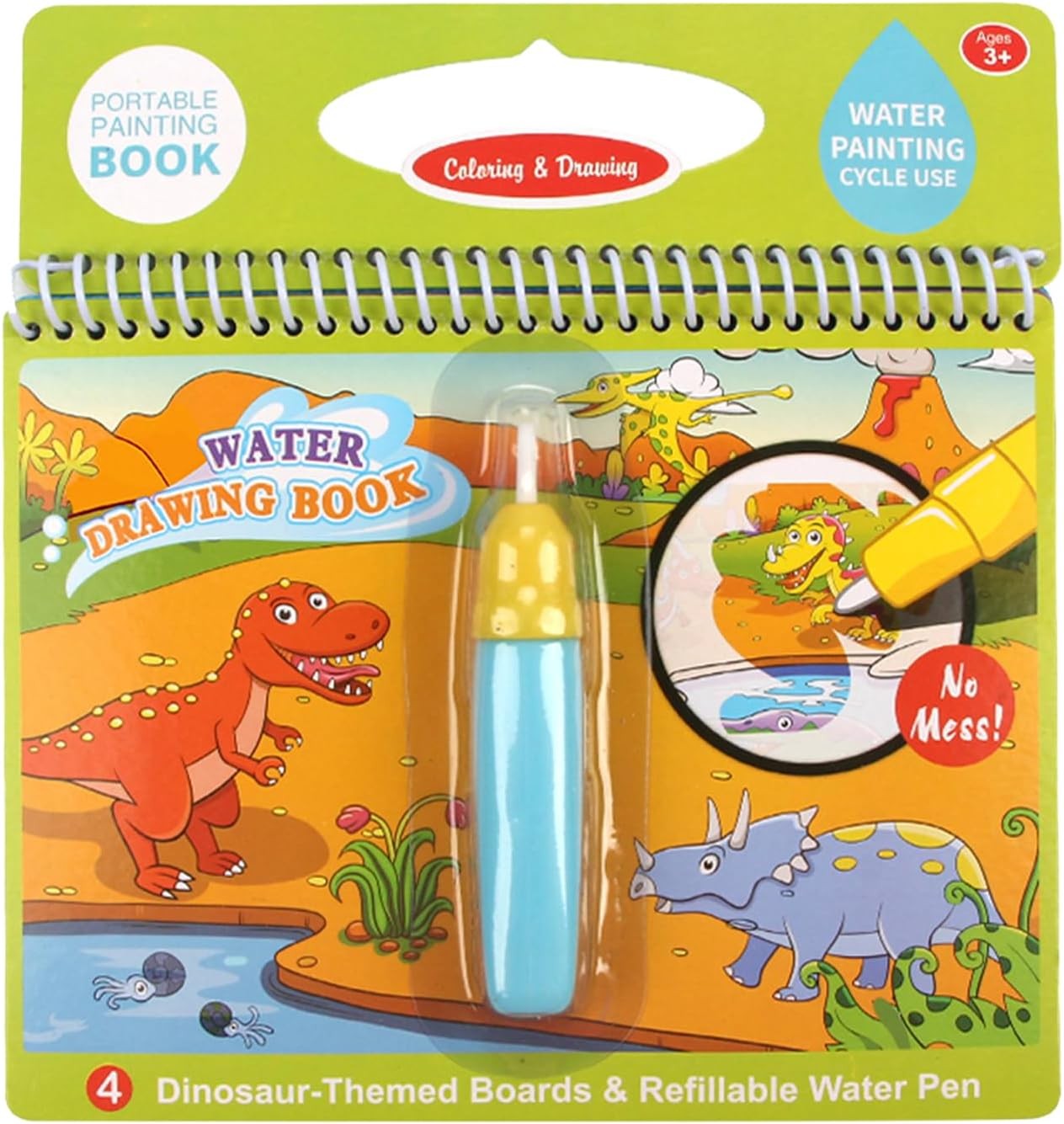 Joyfia Water Drawing Books, Mess-Free Coloring Books for Toddlers, Water Doodle Painting Board with Pen, Educational Toys Birthday Kids Girls Boys (Dinosaurs)