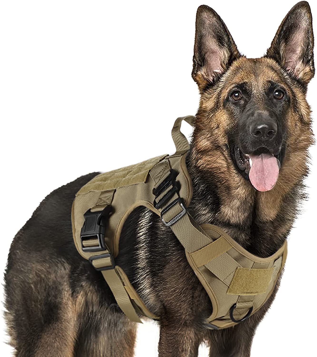 Rabbitgoo Tactical Dog Harness for Large Dogs, Military Dog Harness with Handle, No-Pull Service Dog Vest with Molle & Loop Panels, Adjustable Dog Vest Harness for Training Hunting Walking, Tan, M