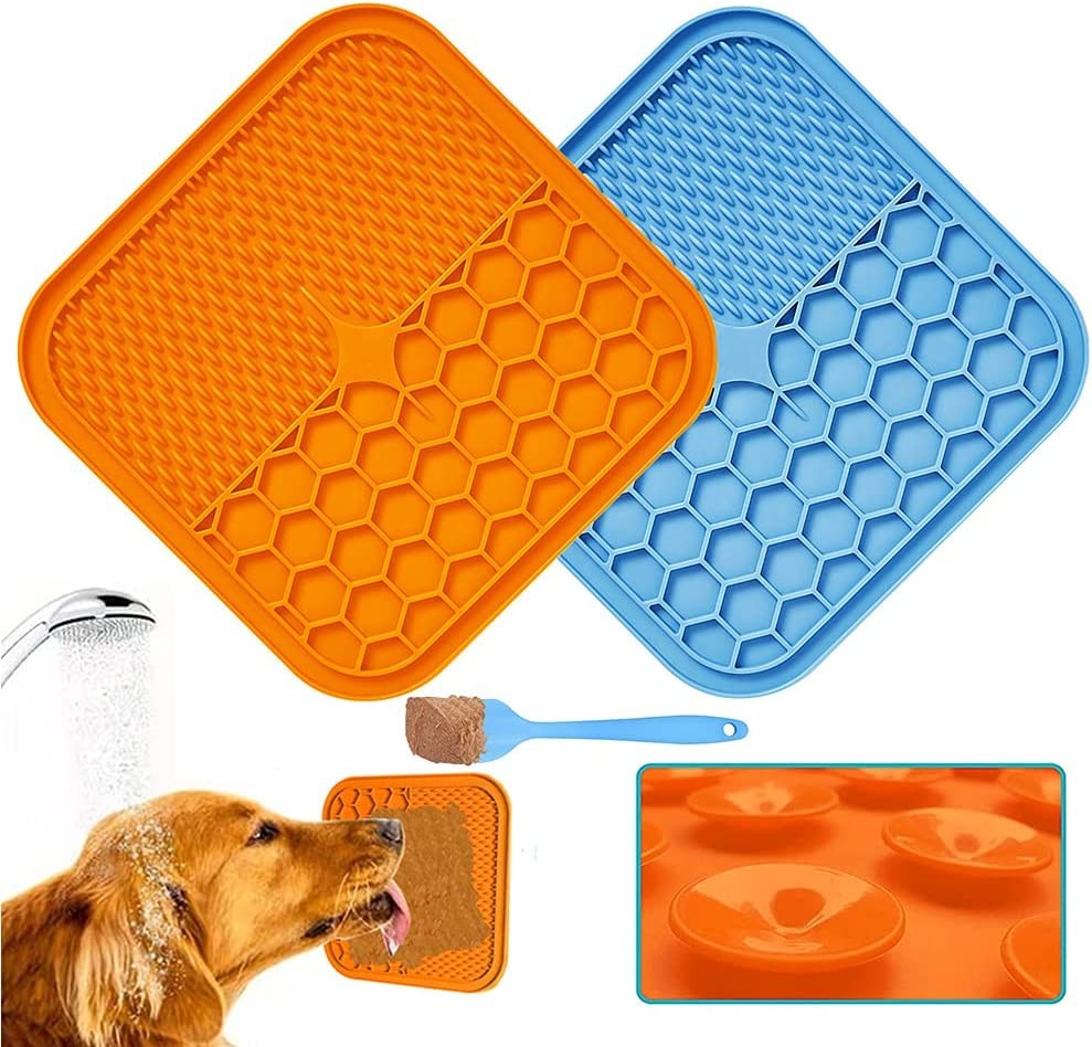 NACOCO 2 Pack Dog Lick Mat with Super Suction for Anxiety Peanut Butter Dog Licking Mat Slow Feeder Dispensing Treater Lick Pad for Pet Bathing Grooming and Training with Extra Spatula