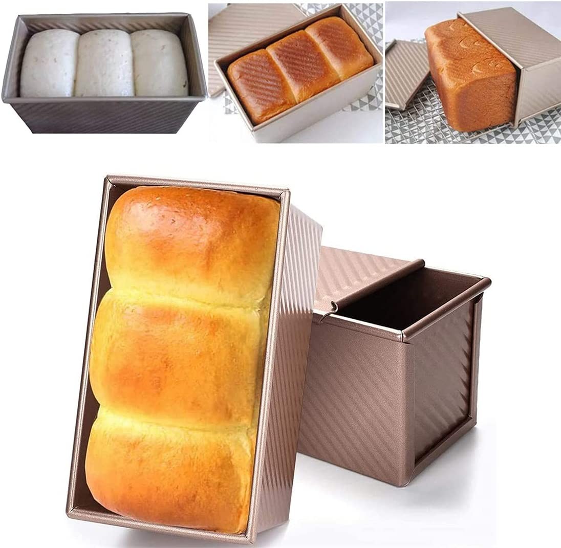 PENGQIMM Loaf Pan with Lid,Toast Mould with Lid,Non-Stick Bread 450G Toast Box Loaf Pan with Slide Lid, Loaf Baking Mould with Vented Holes Golden for Toast/Sandwich/Cake Mould