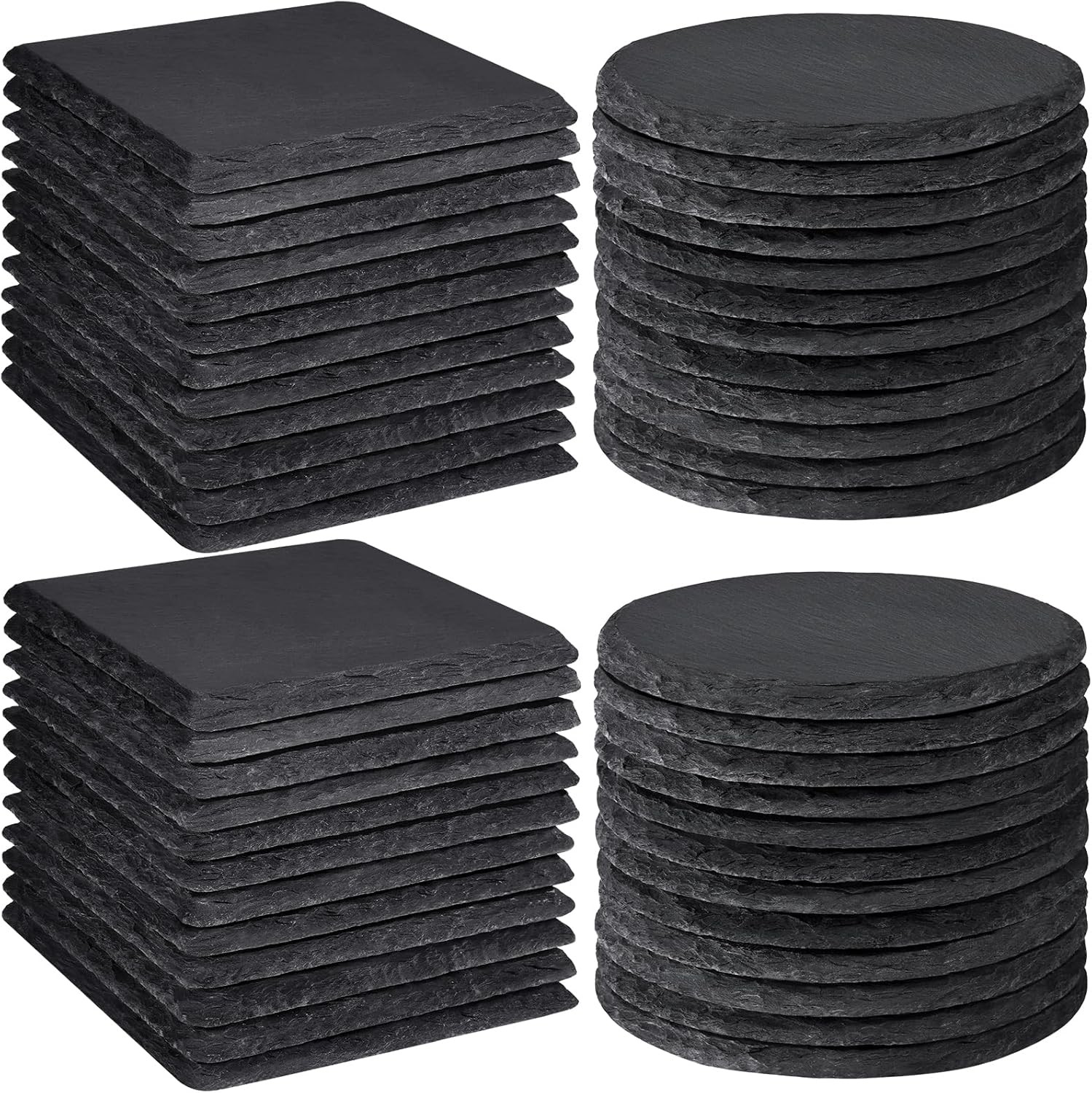 48 PCS Slate Coasters Bulk, MAPRIAL 4 Inch Black Coasters for Drinks, Laser Engraving Blanks Material, 24 PCS Natural Square Slate Coasters and round Stone Coasters for Halloween Christmas, Home Decor