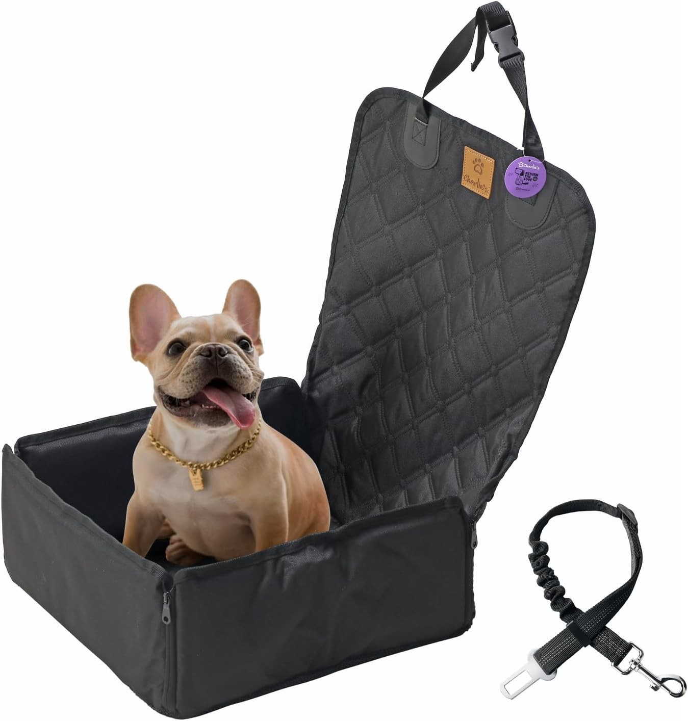 Charlie’S Adventure Durable Water-Resistant Fabric Pet Dogs Car Seat Protector Safety Belt with Convenient Pocket Storage Travel Essentials Compact Portable Comfy and Cosy – Front Seat Cover Black