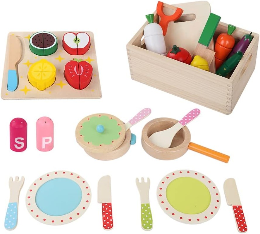 Keezi Kids Kitchen Set 29Pcs Pretend Play Food Playset Wooden Toys Children Cooking Cookware Sets Knife Safe Cutting Veggies Fruits Toy Home Cubby Furniture, Magnetic Connected Multicoloured