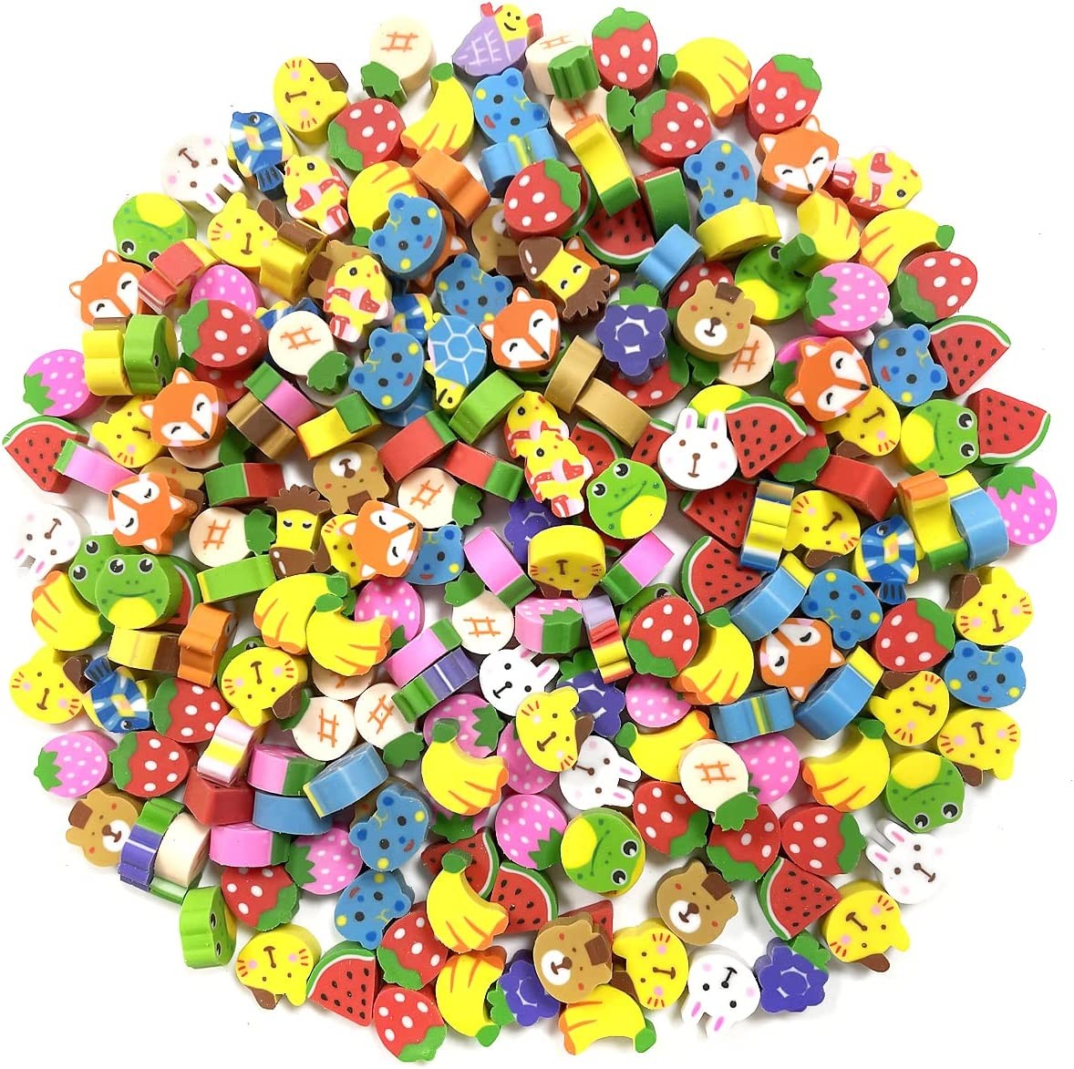 BEZANU Animal Eraser, 200PCS Mini Animal Fruits Pencil Erasers for Classroom Prizes, School Supplies Gift (1Cm/0.4In)