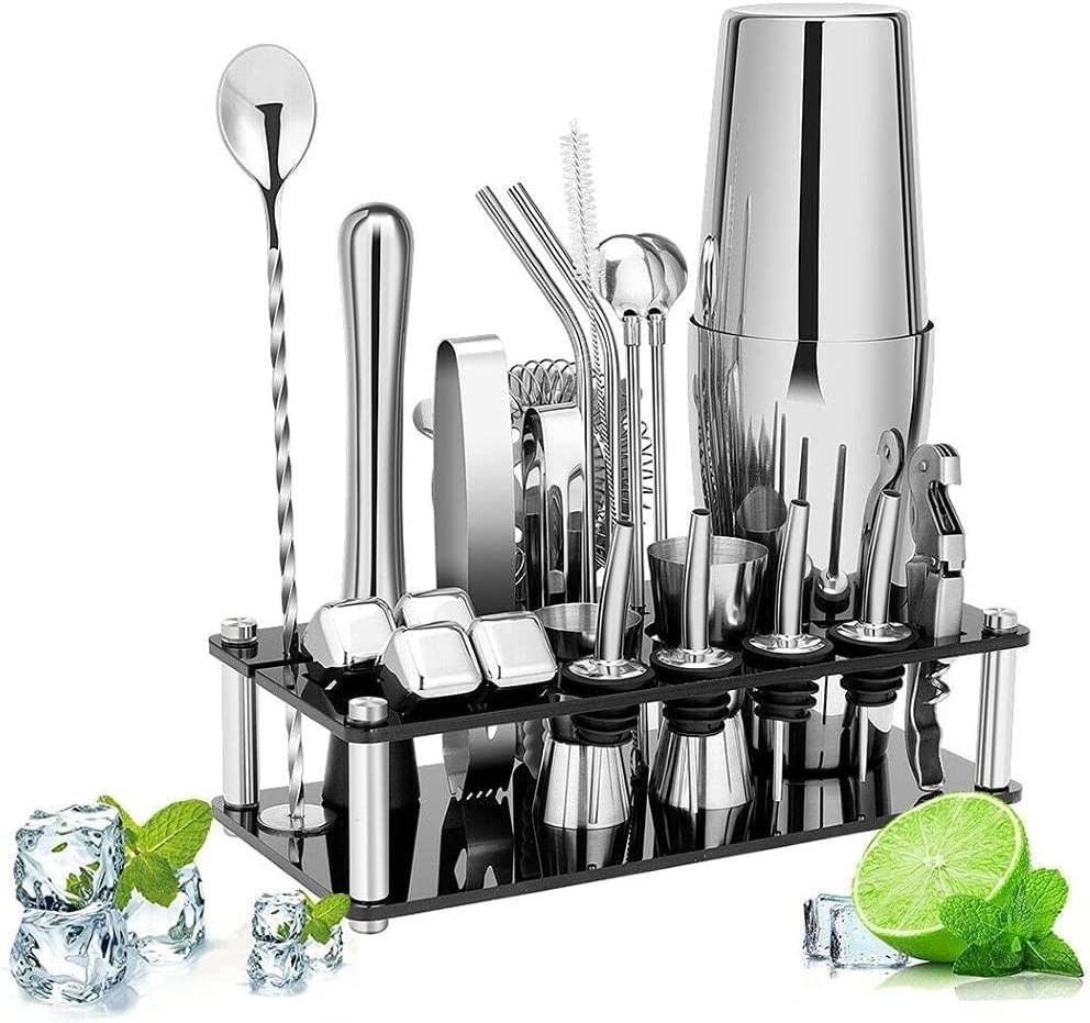 Cocktail Shaker Set Boston Shaker Set Stainless Steel Bartender Kit with Acrylic Stand Cocktail Booklet Professional Bar Tools for Drink Mixing, Home, Bar, Party, 4 Whiskey