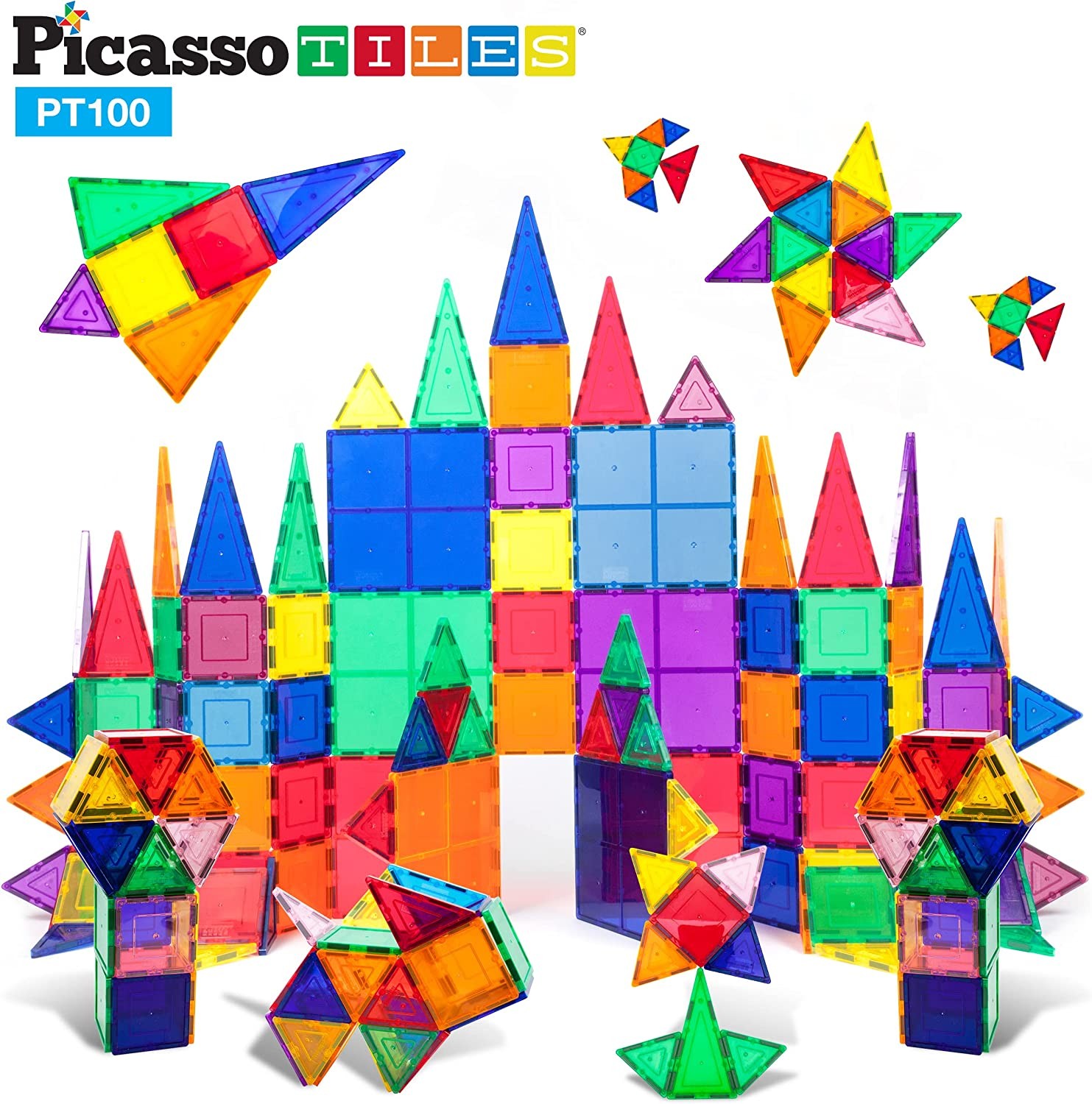 Picassotiles 100 Piece Set 100Pcs Magnet Building Tiles Clear Magnetic 3D Building Blocks Construction Playboards, Creativity beyond Imagination, Inspirational, Recreational, Educational Conventional