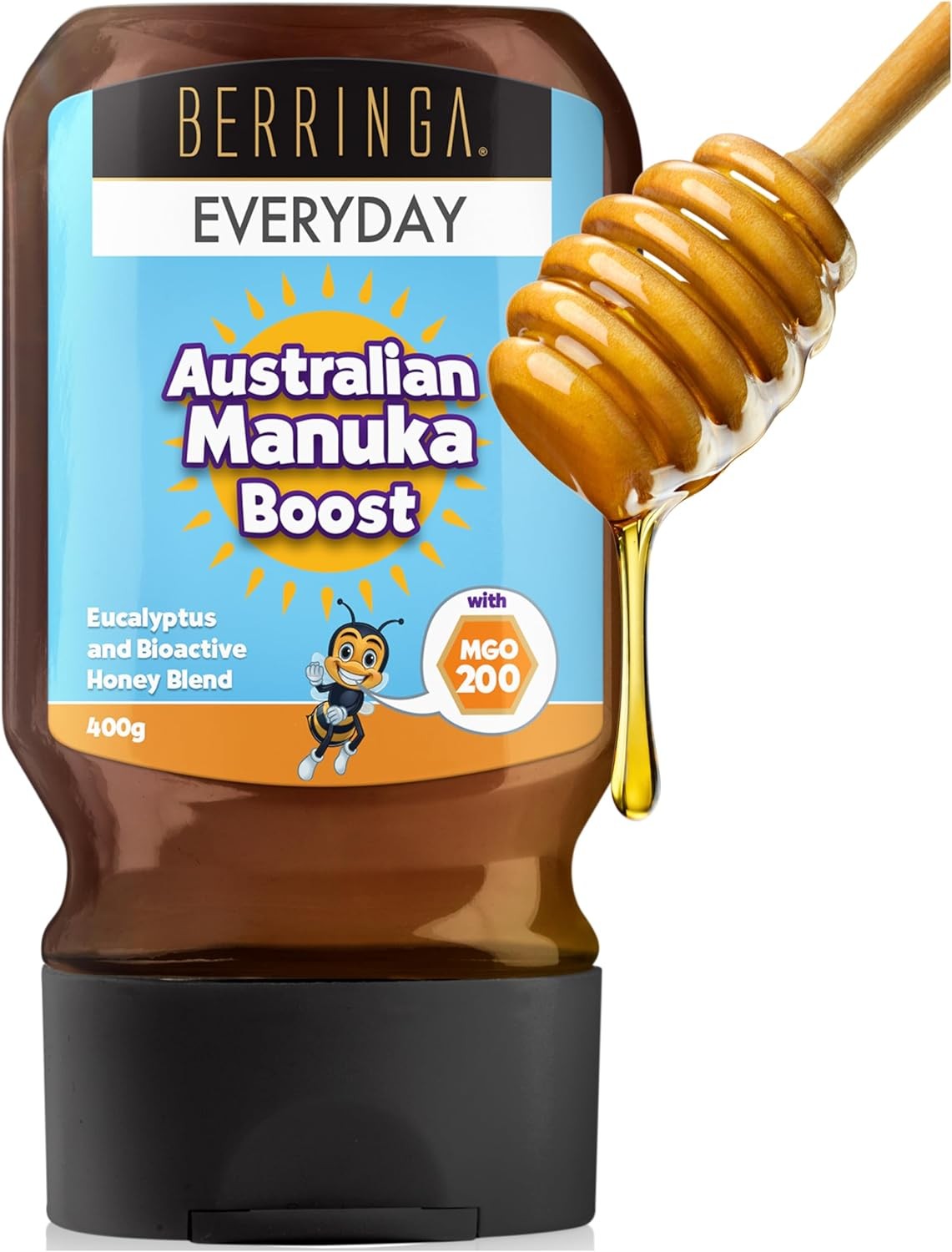 Berringa Raw Unfiltered Eucalyptus Manuka Honey Squeeze Bottle – Certified MGO 200+ 400G | Everyday Boost | Traceable Genuine Local 100% Pure Australian | Non-Gmo Superfood |Convenient No Drip Squeezy