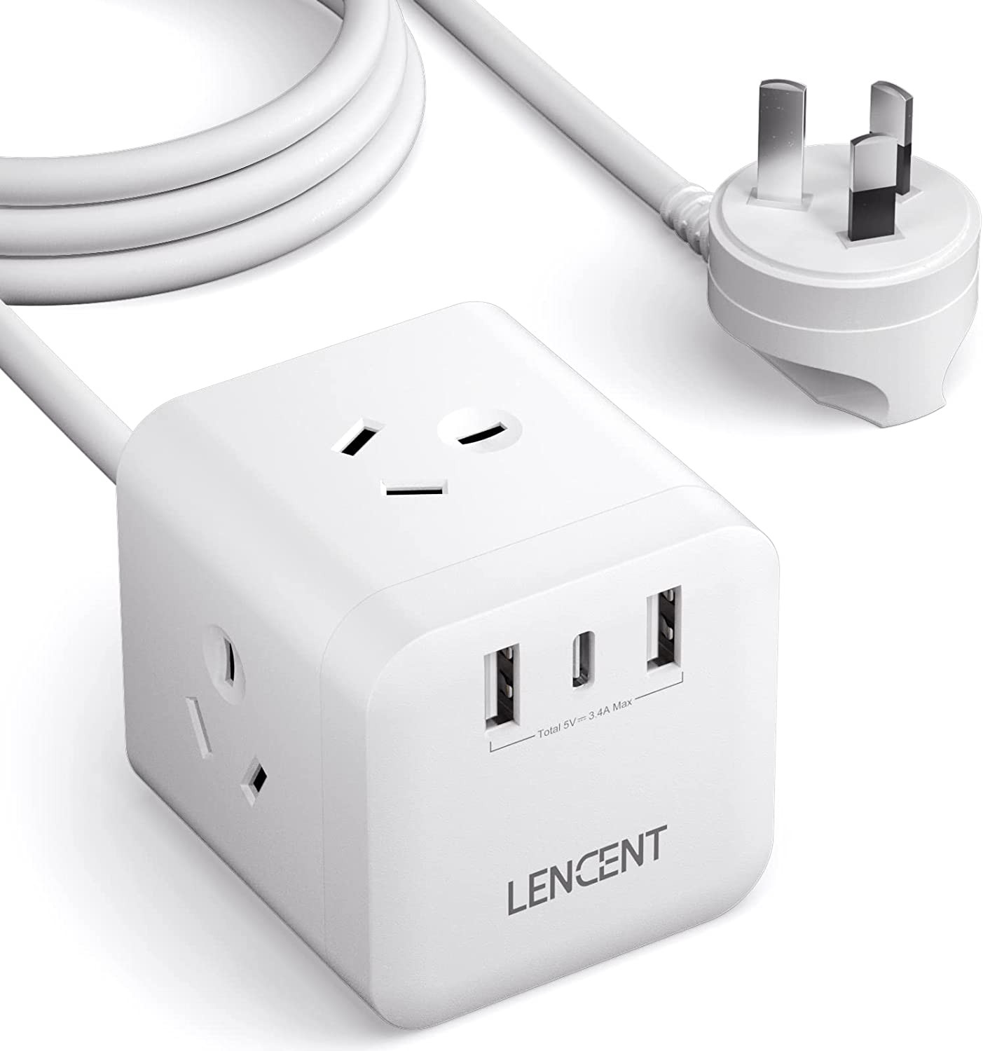 LENCENT Power Strip with USB, Cube Charging Station, Power Outlet Extender with 3 AC Outlets, 2 USB a and 1 Type-C Ports, 1.65M Extension Cord, Multiple Protection for Household Appliance