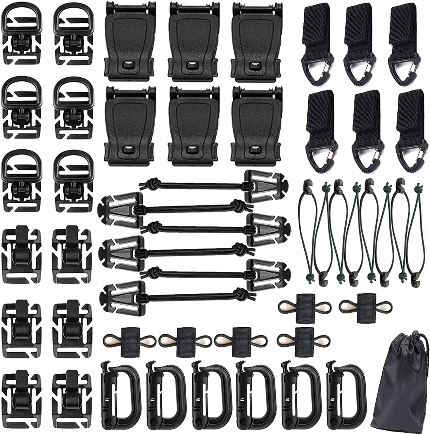 THANMAO Kit of 50 Attachments for Molle Bag Tactical Backpack Vest Belt，D-Ring Grimloc Locking Gear Clip, Web Dominator Elastic Strings, Tactical Vest Tactical Belt Outdoor Hydration Tube Backpack