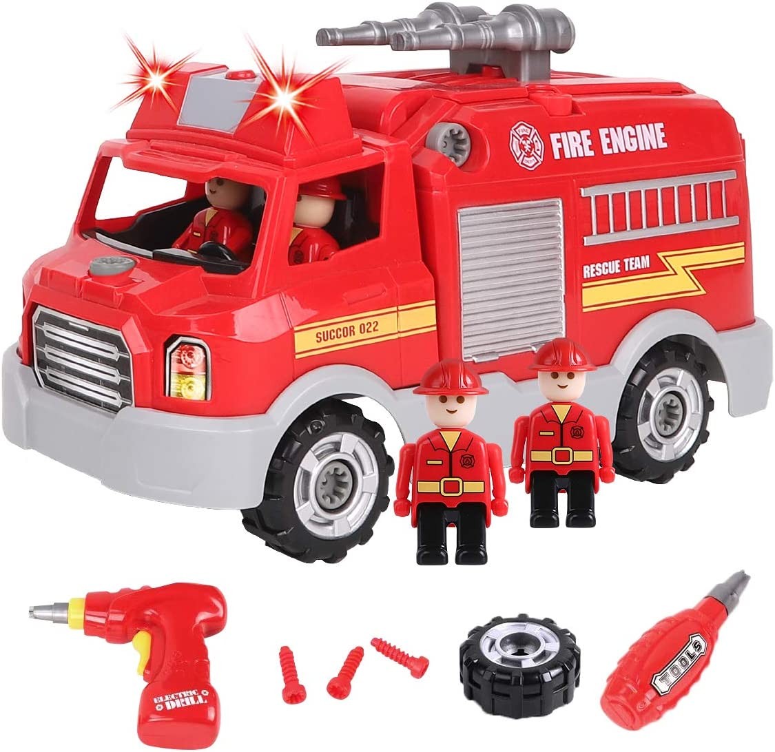 REMOKING STEM Educational Take Apart Vehicle Toys,32Pcs Fire Engine Set with Electric Drill&Lights&Sounds,Best Boys and Girls 3 Years and Up