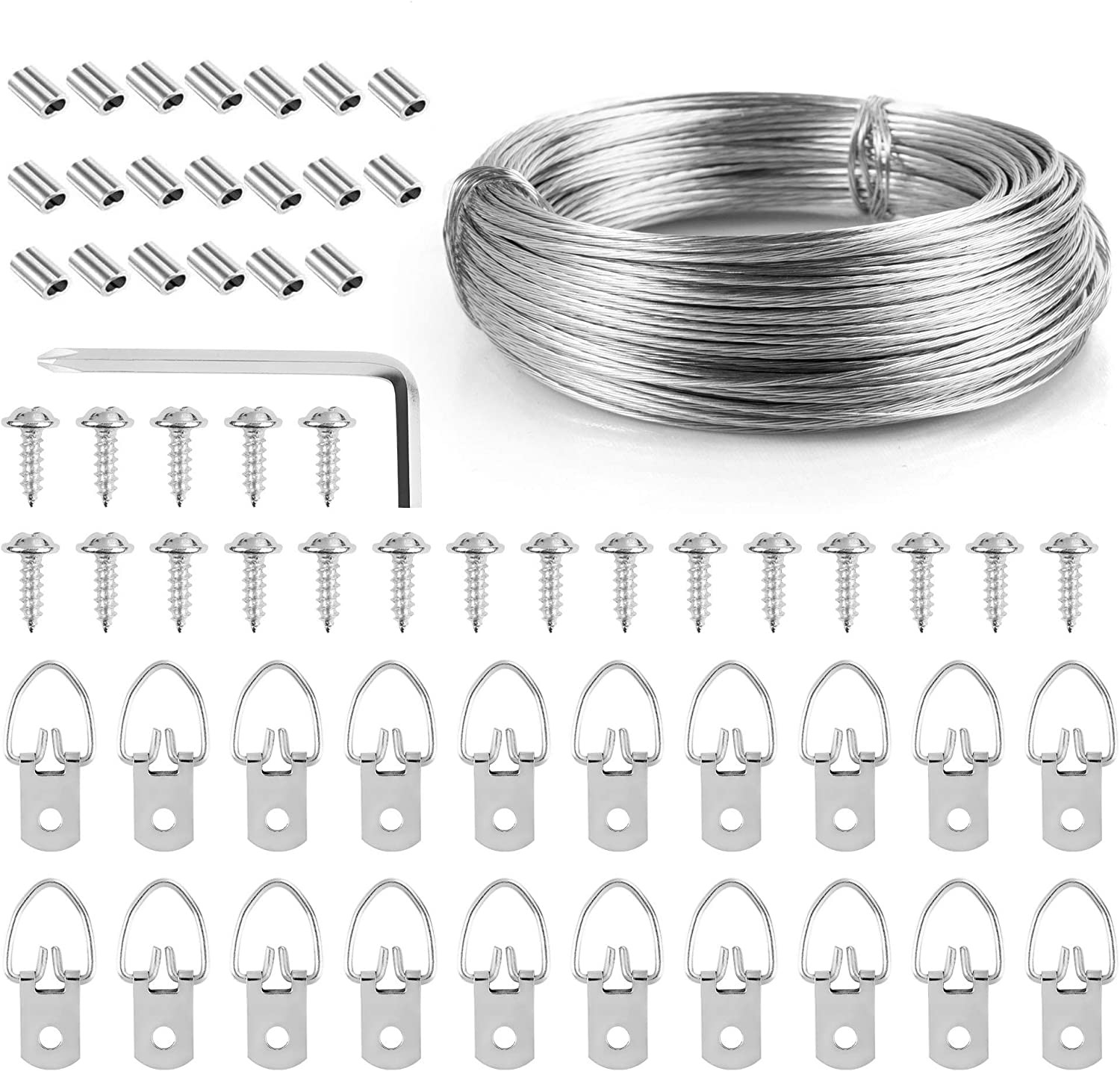 Upgraded Picture Hanging Kit, 182 Pcs Frame Hooks Hardware Including Picture Hanging Wire(100 Feet), 70Pcs D-Ring Picture Hangers with 70Pcs Screws, 40Pcs Aluminum Crimping Sleeves and 1 Screwdriver