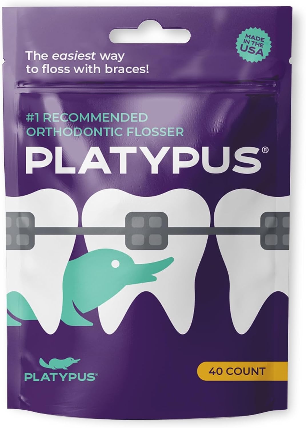 Platypus Orthodontic Flossers for Braces | Ortho Picks for Adults & Kids | Fits under Arch Wire | Non-Damaging | Encourage Flossing Habits | Floss Teeth in Less than Two Minutes | 40 Count (Pack of 1)