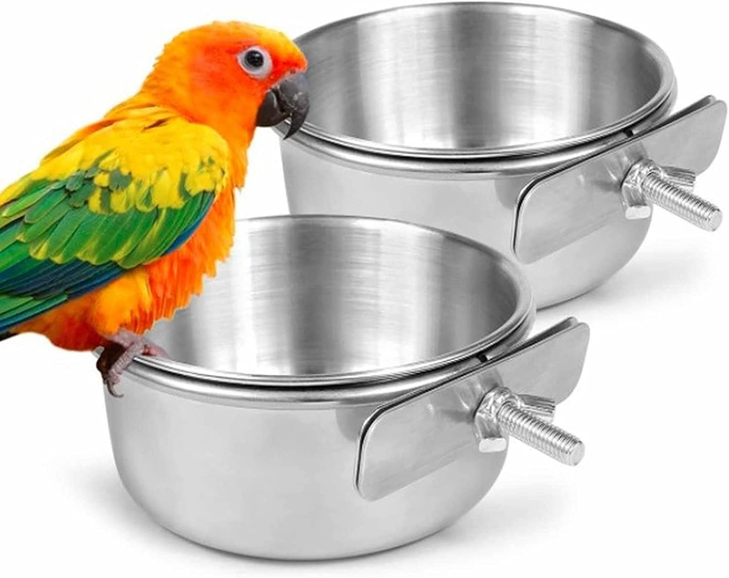 2 Pack Bird Food Tray Cups, Water Tray Feeder, Stainless Steel Parrot Feeding Cups, Animal Cage Water Food Bowl with Clips, Bird Cage Water Cup Holder for Bird Parrots