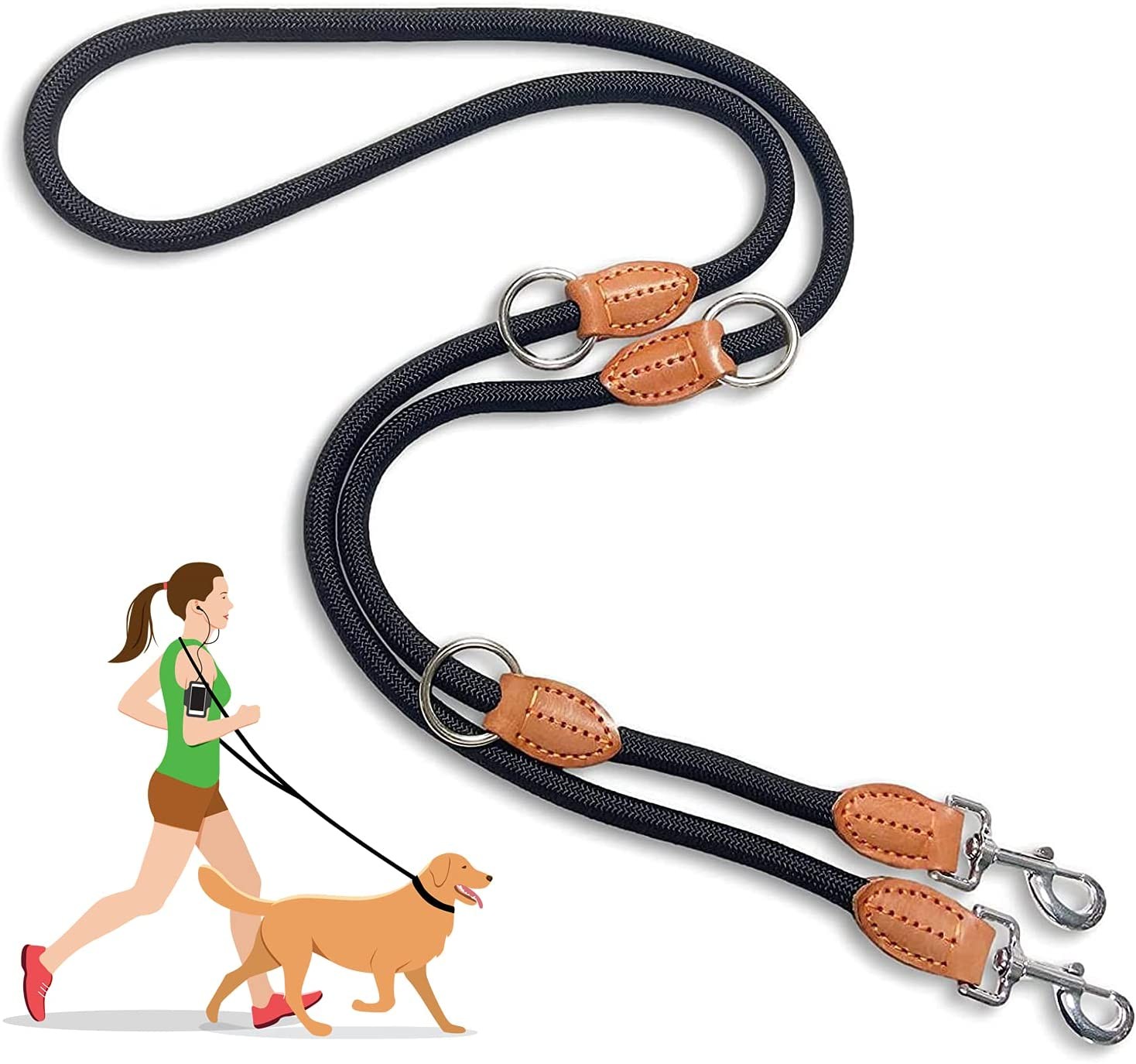 Multi-Function Hands Free Dog Rope Leash (7Ft) – Strong Dog Training Leads, 1.4Cm Thick Nylon Double Leash [3 Adjustable Lengths] for Small Medium Large Dogs Service Walking Running