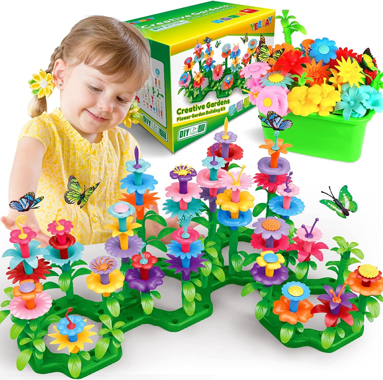 YEEBAY Flower Garden Building Toys for Girls Age 3, 4, 5, 6, 7 Year Old – STEM Toy Gardening Pretend Toys for Kids – Stacking Game for Toddlers Play Set – Educational Activity for Preschool (148 PCS)