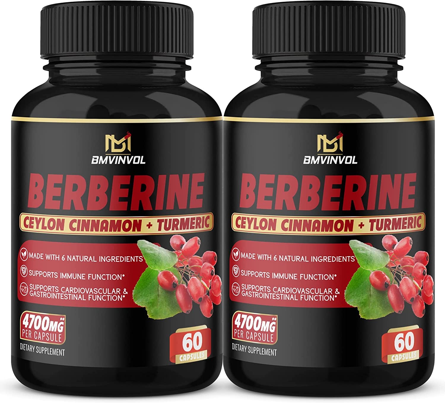 (2 Packs) Berberine Supplement 4700Mg with Ceylon Cinnamon, Turmeric -120 Capsules – Supports Glucose Metabolism, Immune Function, Healthy Blood Sugar – Berberine Hcl Supplement Pills- 4 Months Supply