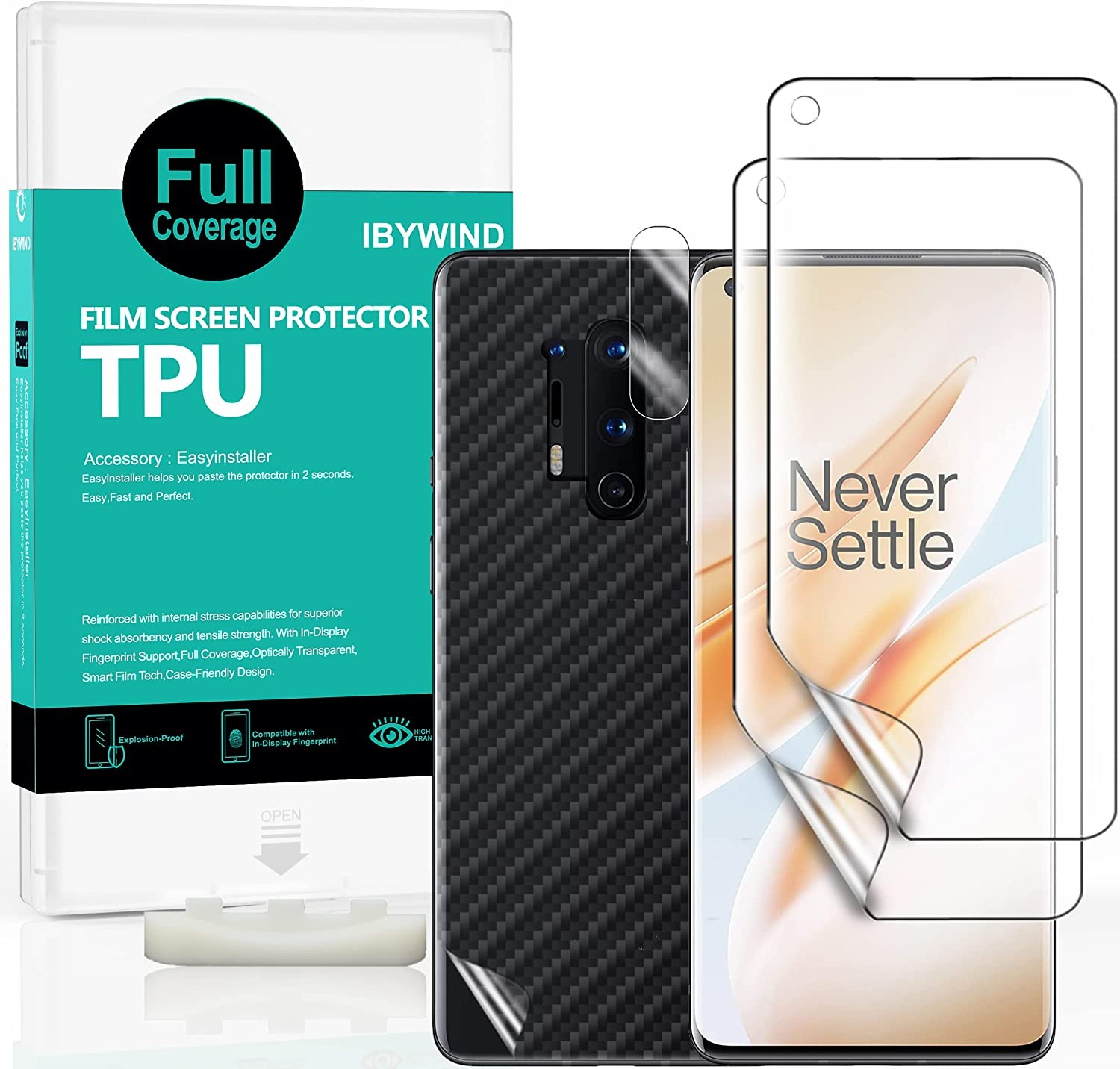 IBYWIND Screen Protector for Oneplus 8 Pro,With 2Pcs Flexible TPU Film,1Pc Camera Lens Protector,1Pc Backing Carbon Fiber Film [Fingerprint Reader,Easy to Install]