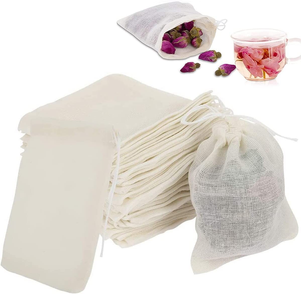 VANANA 50Pcs Cotton Muslin Bags, Drawstring Bags Reusable Small Mesh Tea Coffee Filter Bags for Cooking Snack Spices Crafts Soap Nuts Jewellery Decor & Favour Gifts for Home Supplies 8Cm*10Cm