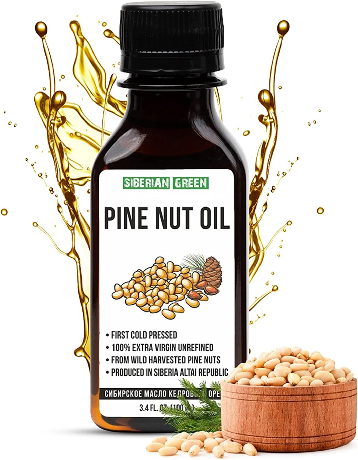 Siberian Pine Nut Oil | 100% Natural Extra Virgin Cold Pressed 100 Ml / 3.4 Fl Oz | Unrefined Raw No-Gmo Vegan | Exclusive Healthy Diet Food Grade