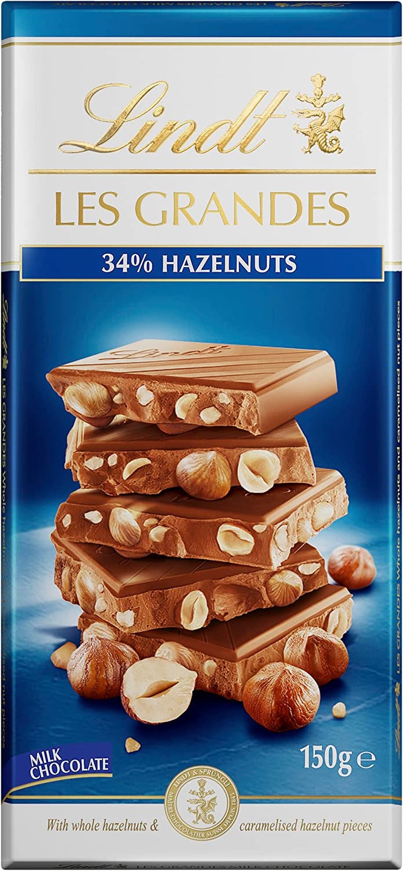 Lindt Les Grandes Milk Hazelnut Chocolate Block 150G