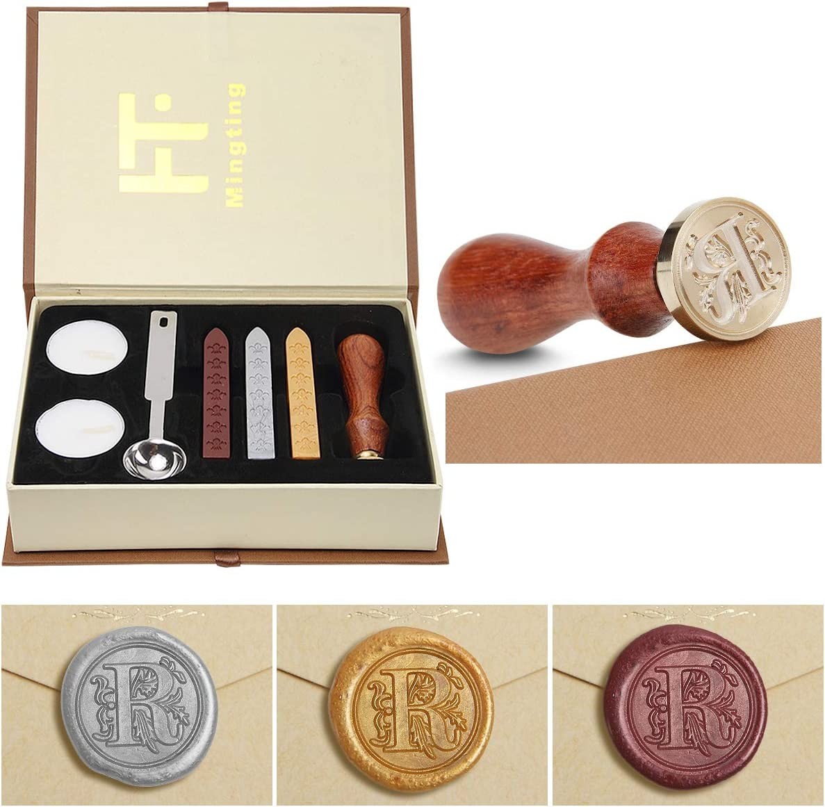 Seal Wax Kit,Puqu Vintage Initial Letters A-Z Alphabet Wax Badge Seal Stamp Kit Wax Set Tool Gift(R)